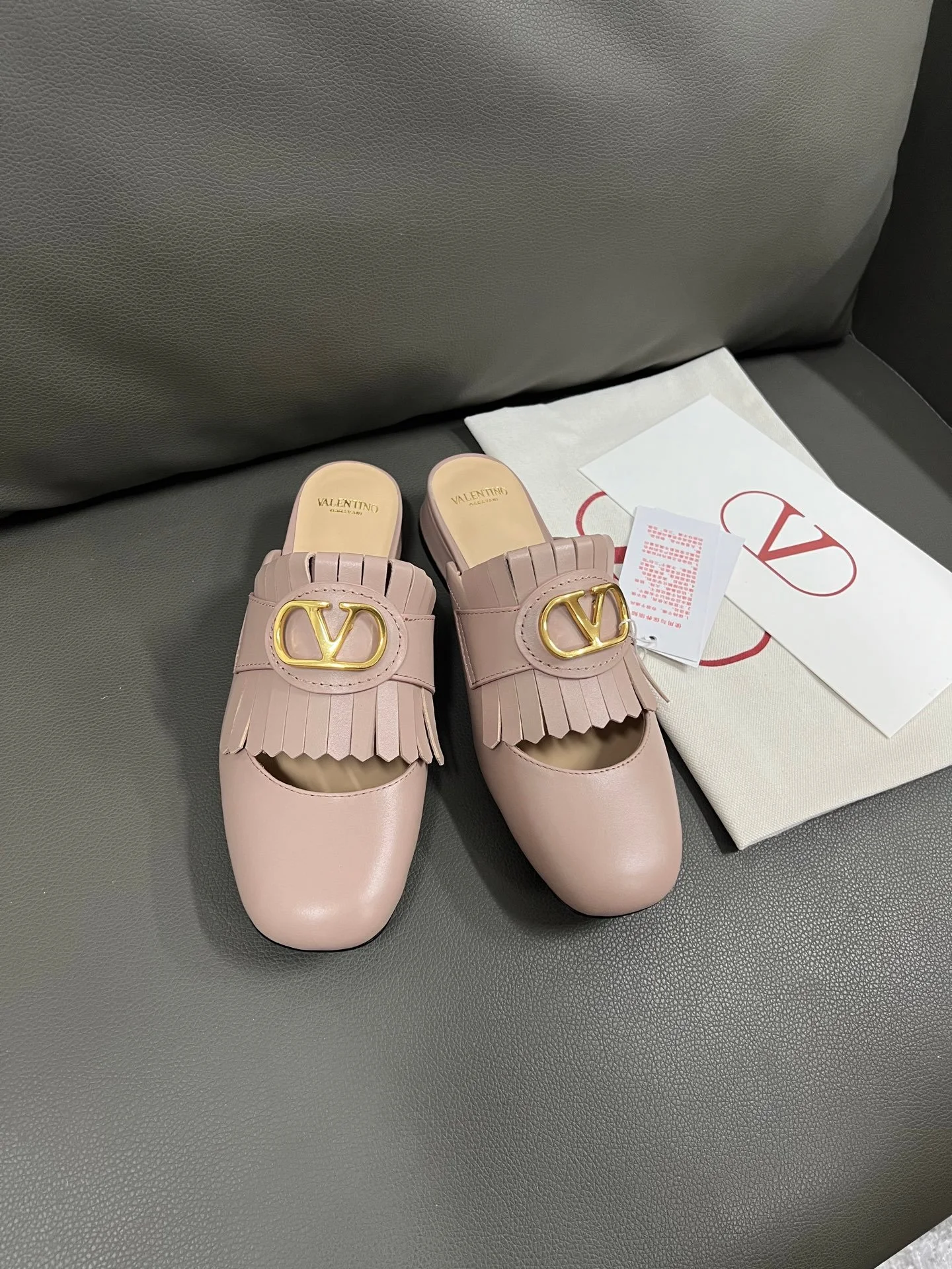 Valentino Women Pink Leather Fringe Mules