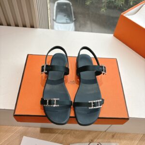 Hermes Women Black Leather Sandals