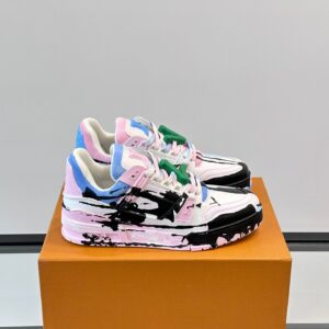 LV Men White Pink Blue Leather Sneakers