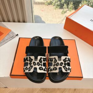 Hermes Women Black Suede And Leopard Print Sandals