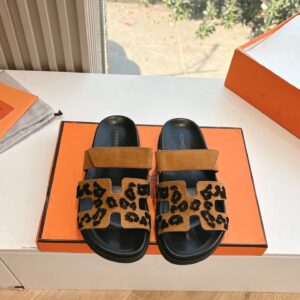 Hermes Women Tan Suede Leopard Print Slippers