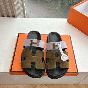 Hermes Women Pink And Olive Suede Sandals