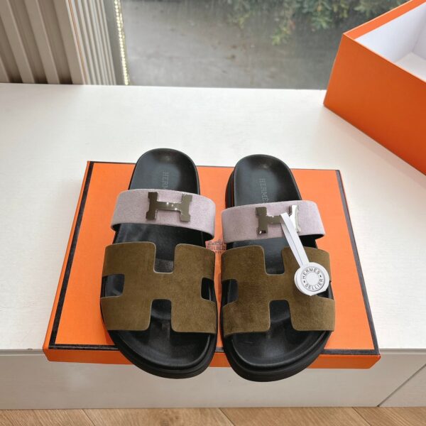 Hermes Women Pink And Olive Suede Sandals