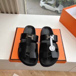Hermes Women Black Leather Sandals