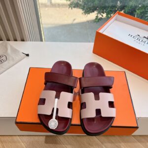 Hermes Women Burgundy Leather Pink Accent Sandals