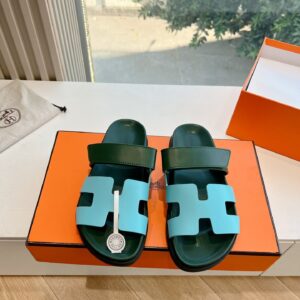 Hermes Women Green Leather Blue Sandals