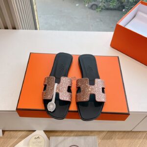 Hermes Women Rose Gold Crystal Leather Sandals