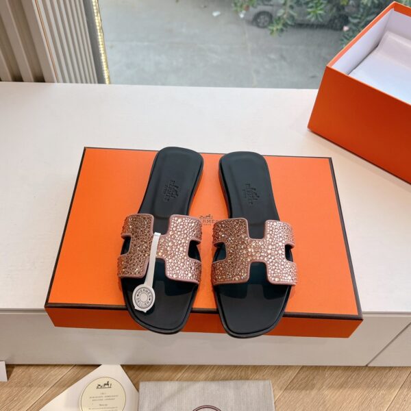 Hermes Women Rose Gold Crystal Leather Sandals