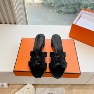 Hermes Women Black Embellished Leather Mules