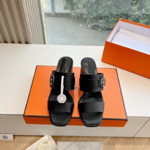Hermes Women Black Leather Buckle Mules