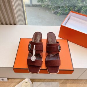 Hermes Women Brown Suede Leather Mules