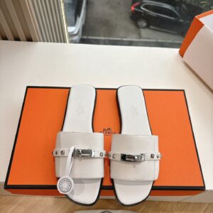 Hermes Women White Leather Slide Sandals