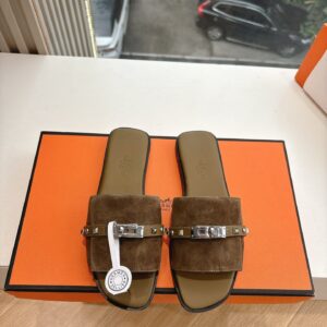 Hermes Women Brown Suede Slide Sandals