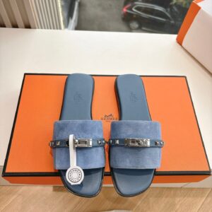 Hermes Women Blue Suede Flat Slide Sandals