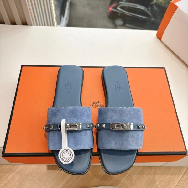 Hermes Women Blue Suede Flat Slide Sandals