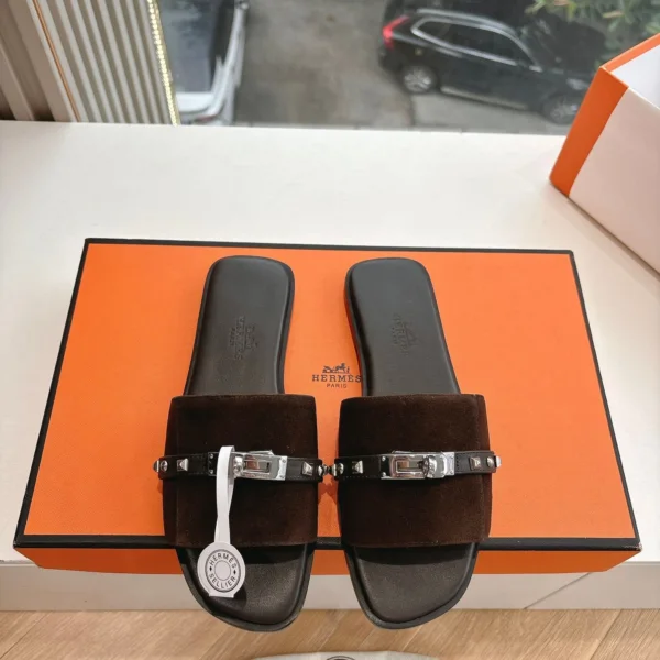 Hermes Women Dark Brown Suede Leather Strap Mules