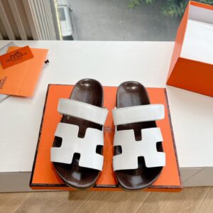 Hermes Women White Leather Wood Insole Sandals