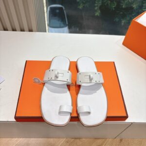 Hermes Women White Leather Flat Sandals