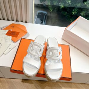 Hermes Women White Leather Espadrille Sandals