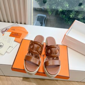Hermes Women Brown Leather Espadrille Sandals