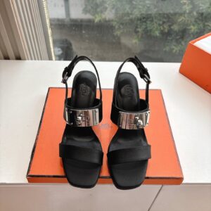 Hermes Women Black Leather Sandals