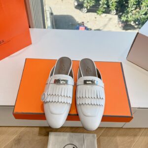 Hermes Women White Leather Fringe Mules