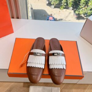Hermes Women Brown White Leather Fringe Mules