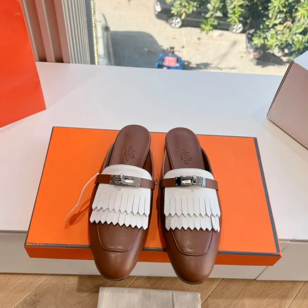 Hermes Women Brown White Leather Fringe Mules