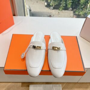Hermes Women White Leather Mules