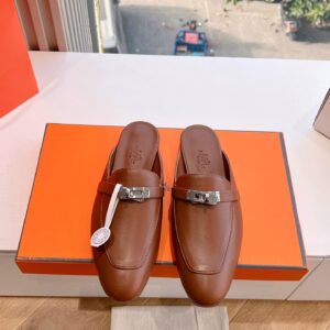Hermes Women Brown Leather Slip On Mules