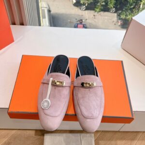 Hermes Women Pink Suede Mules
