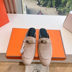 Hermes Women Beige Suede Mules