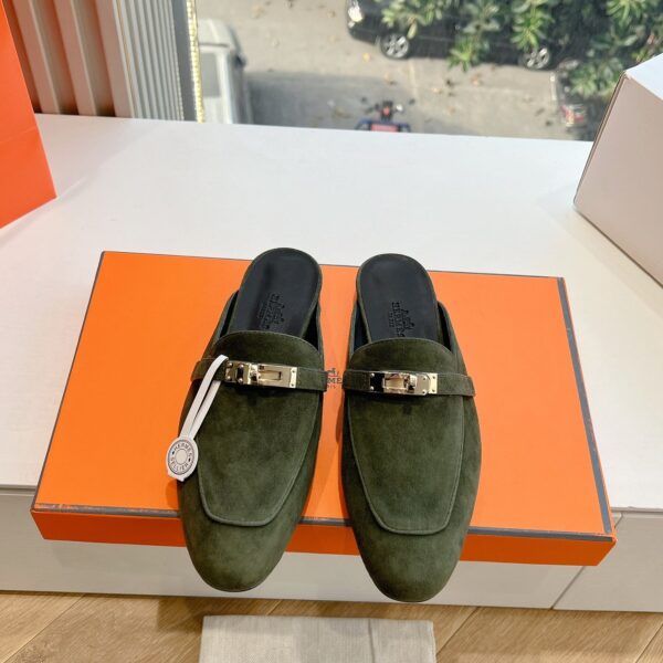 Hermes Women Green Suede Mules