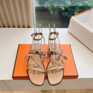 Hermes Women Beige Leather Strappy Sandals