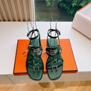 Hermes Women Green Leather Strappy Sandals