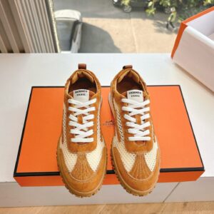 Hermes Women Brown Mesh Suede Sneakers