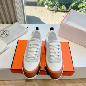 Hermes Women White Brown Leather Mesh Sneakers