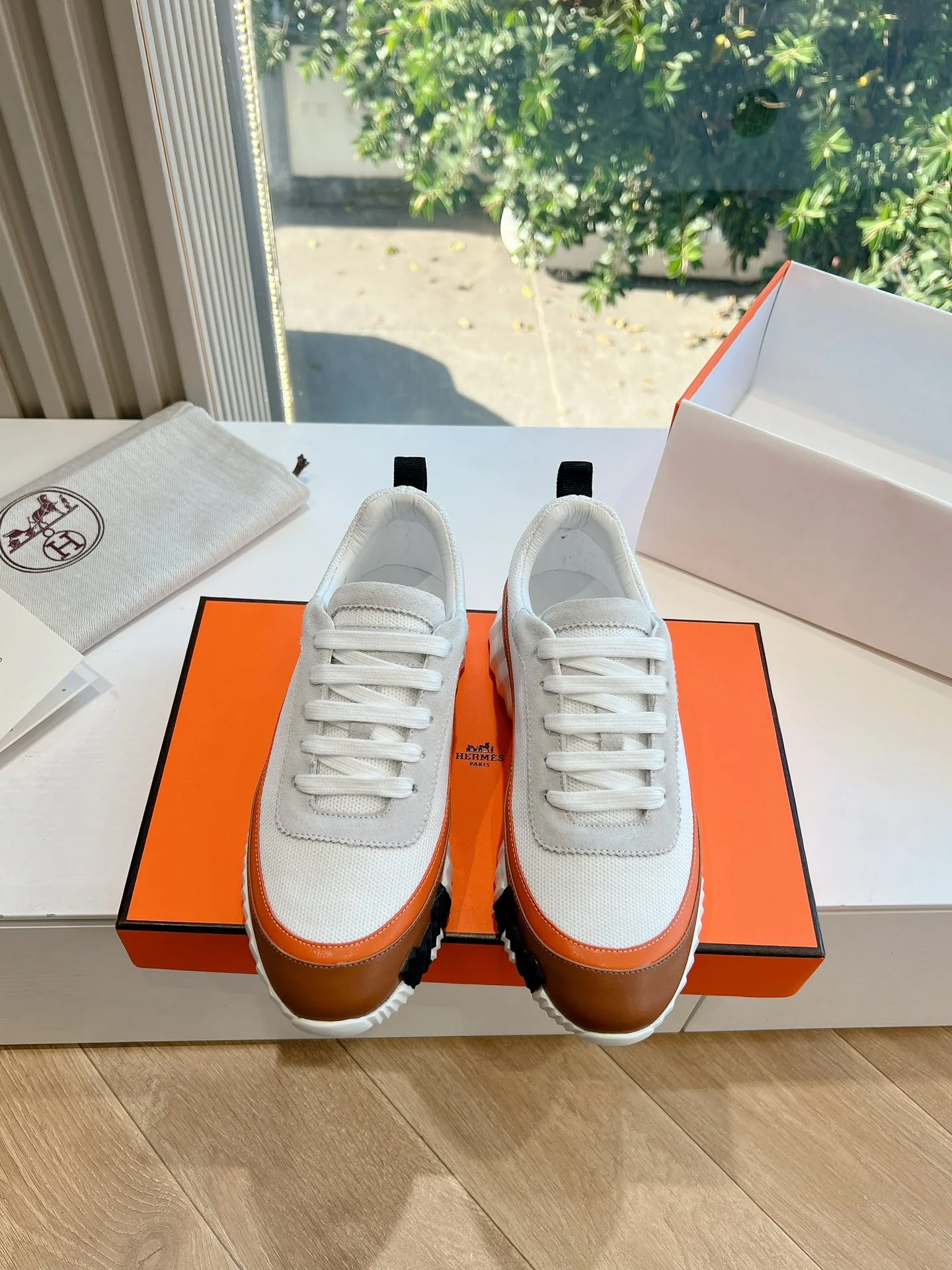 Hermes Women White Brown Leather Mesh Sneakers