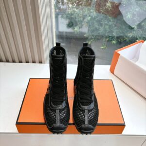 Hermes Women Black Mesh And Leather Boots