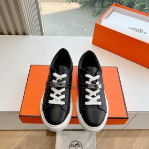 Hermes Women Black Leather Sneakers With Buckle Strap