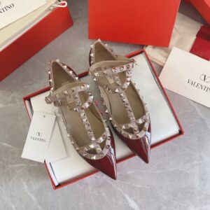 Valentino Women Burgundy Patent Leather Studded Flats