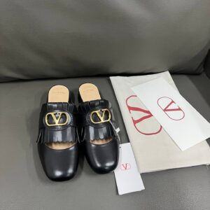 Valentino Women Black Leather Fringe Mules