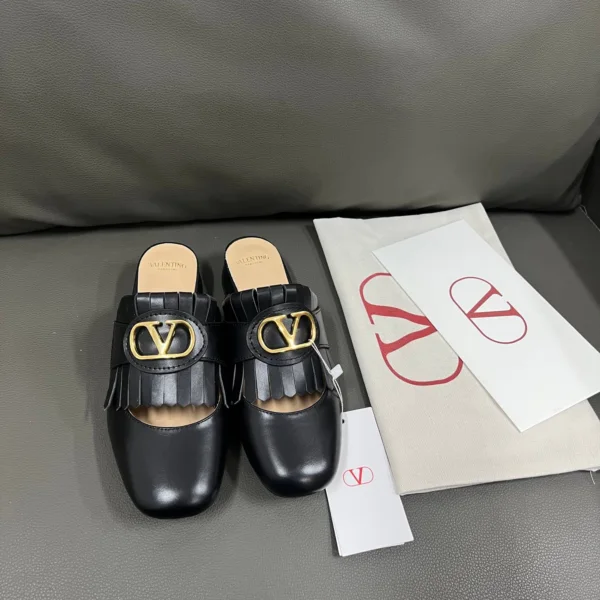Valentino Women Black Leather Fringe Mules