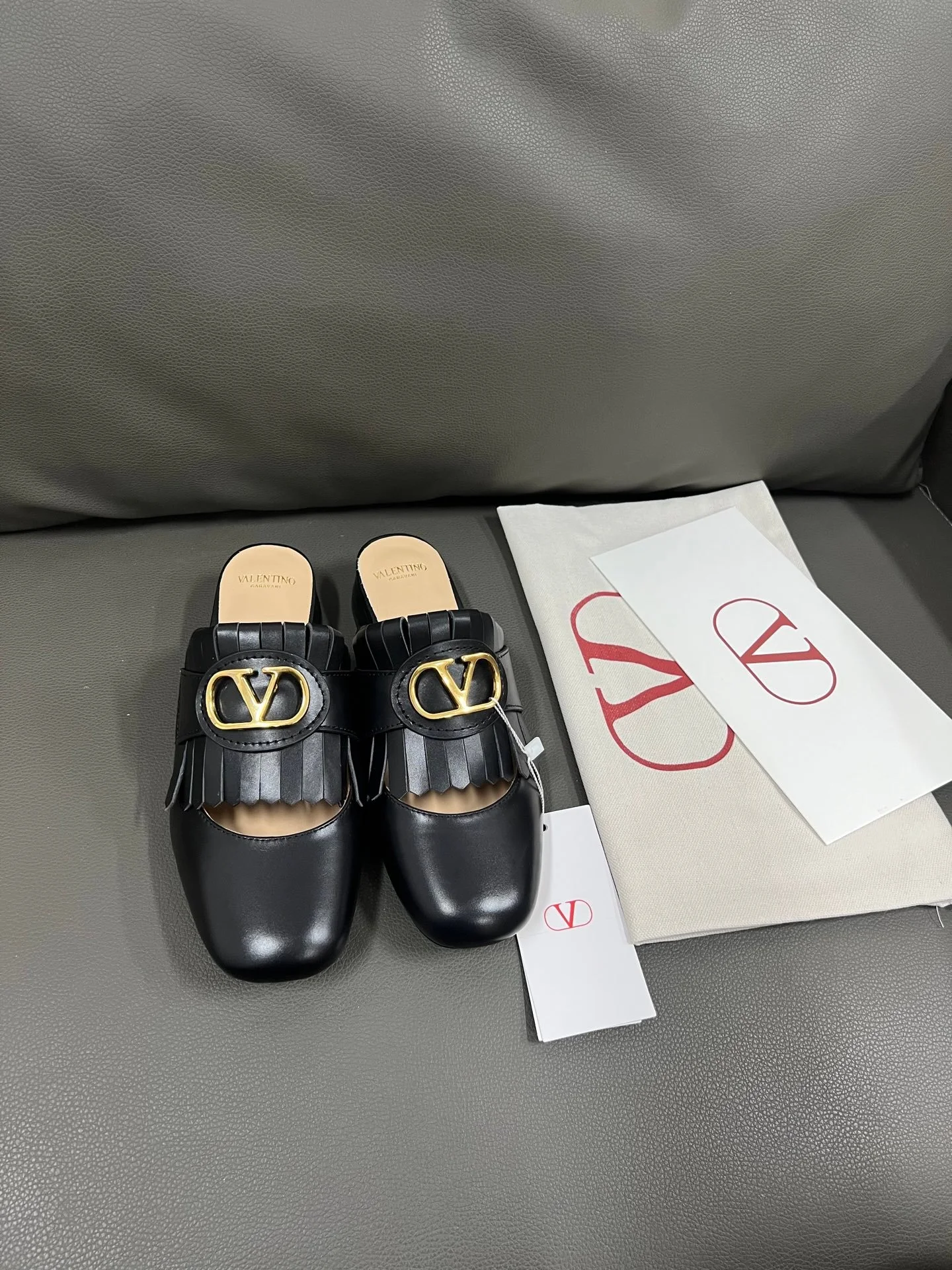 Valentino Women Black Leather Fringe Mules