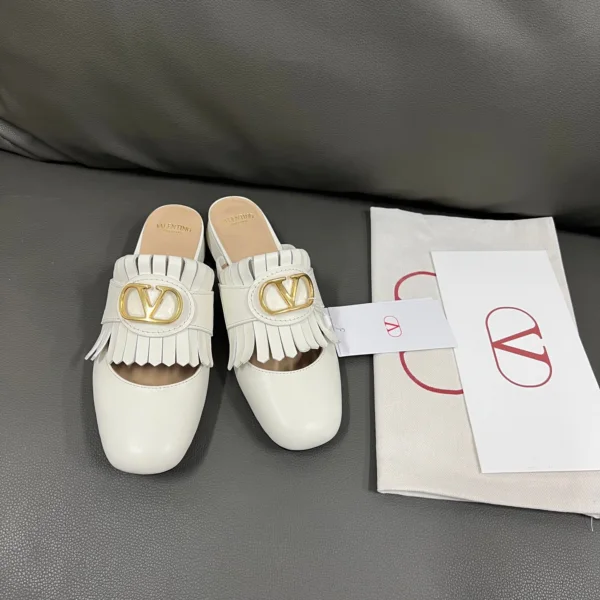 Valentino Women White Leather Fringe Mules