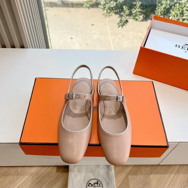 Hermes Women Beige Leather Mary Jane Flats