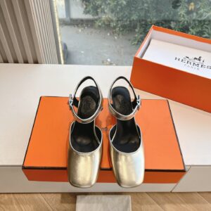Hermes Women Silver Leather Square Toe Heels