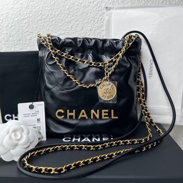 Chanel 22 Mini Hobo Handbag in Black Shiny Calfskin with Pearls