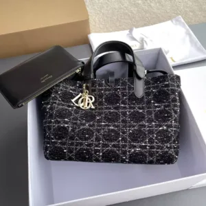 Christian Dior Calfskin Tweed Cannage Medium Toujours Black White