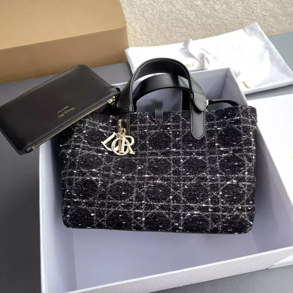Christian Dior Calfskin Tweed Cannage Medium Toujours Black White
